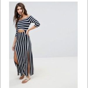 Off the shoulder blue striped dress with cutouts